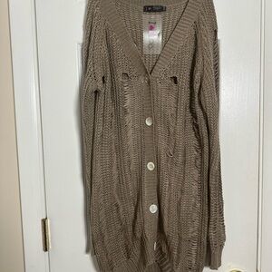 Tan Cardigan Sweater V-Neck Ribbed